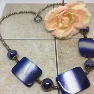 Large Chunky Blue and Silver Shell Bead Necklace